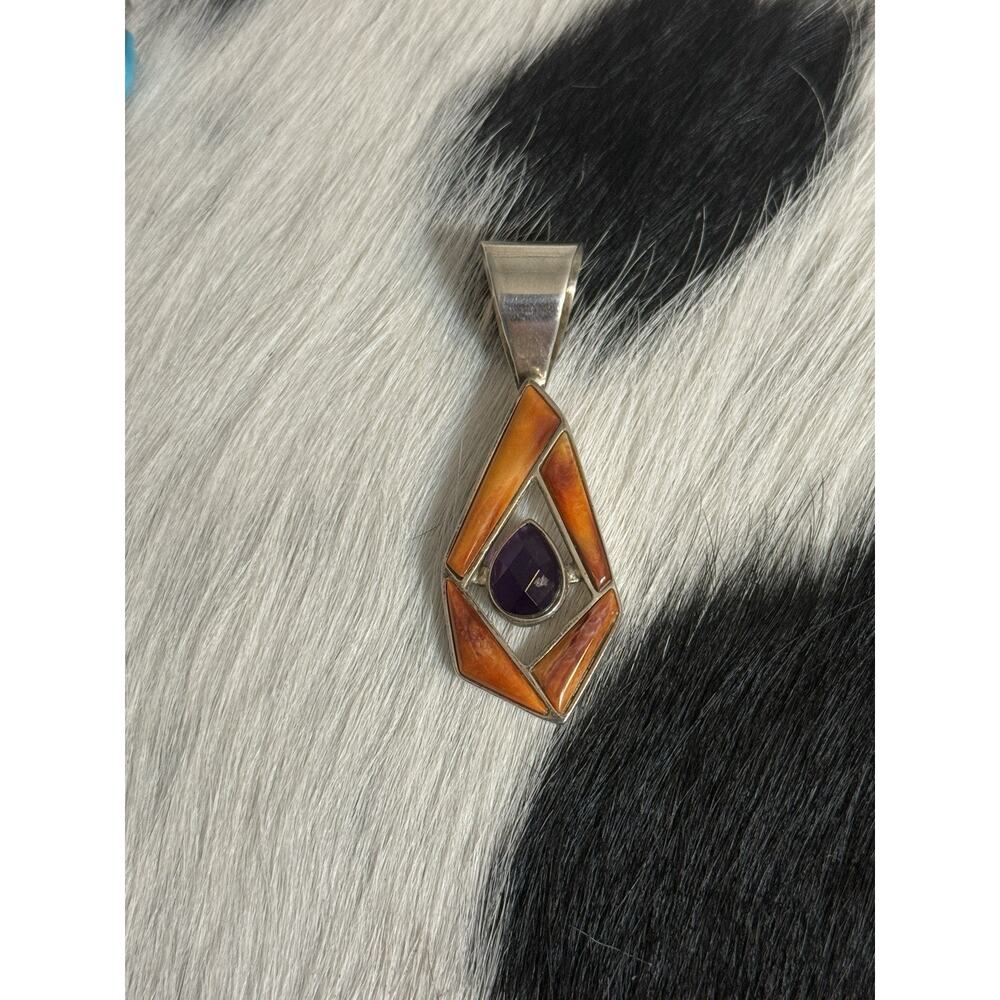 Huge Sterling Silver Jay King DTR Orange Spiny Amethyst Pendant Freeform - Picture 8 of 10